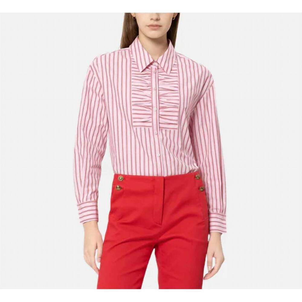 NEW LUISA CERANO striped ruffle front blouse in pink